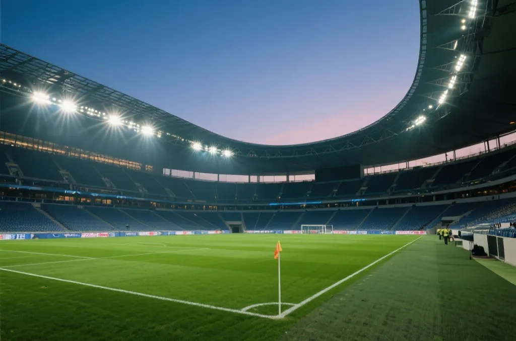 一座现代化的巨型足球场,在黄昏的金色光芒下,草坪显得格外翠绿,看台气势恢宏