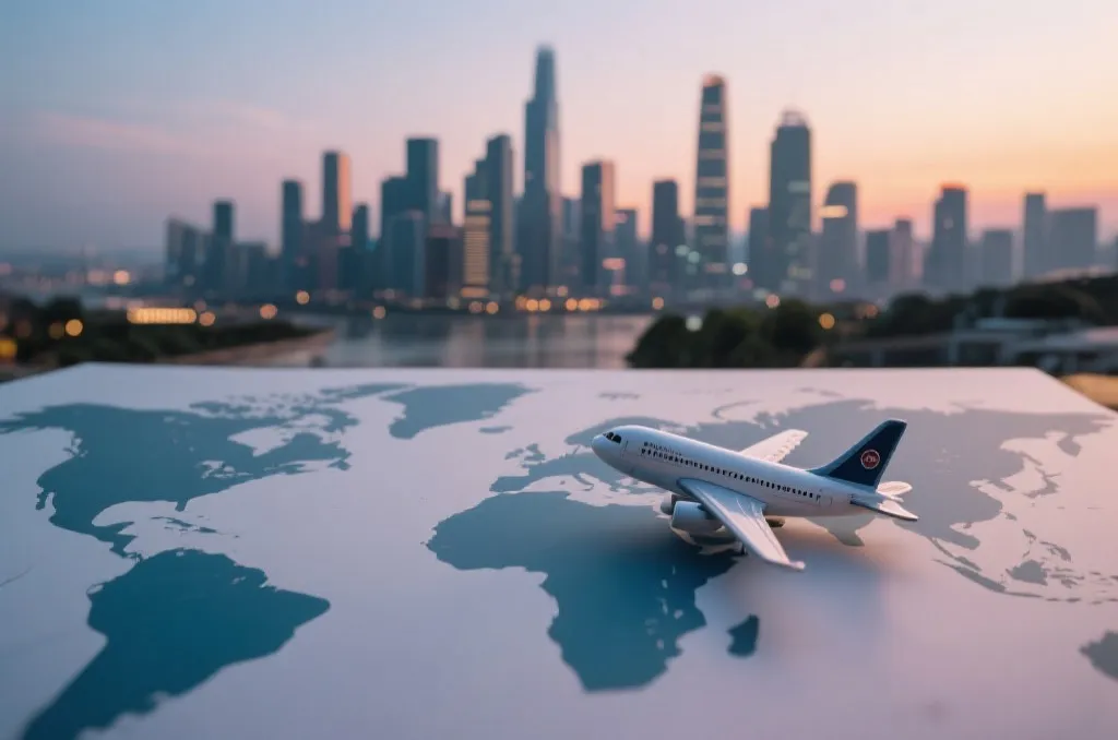 A scenic travel view of a North American host city skyline with a blurred map overlay and a miniature model plane, representing cross-border travel.